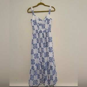 Mango Blue and White Ruffled Tiered Maxi Dress
